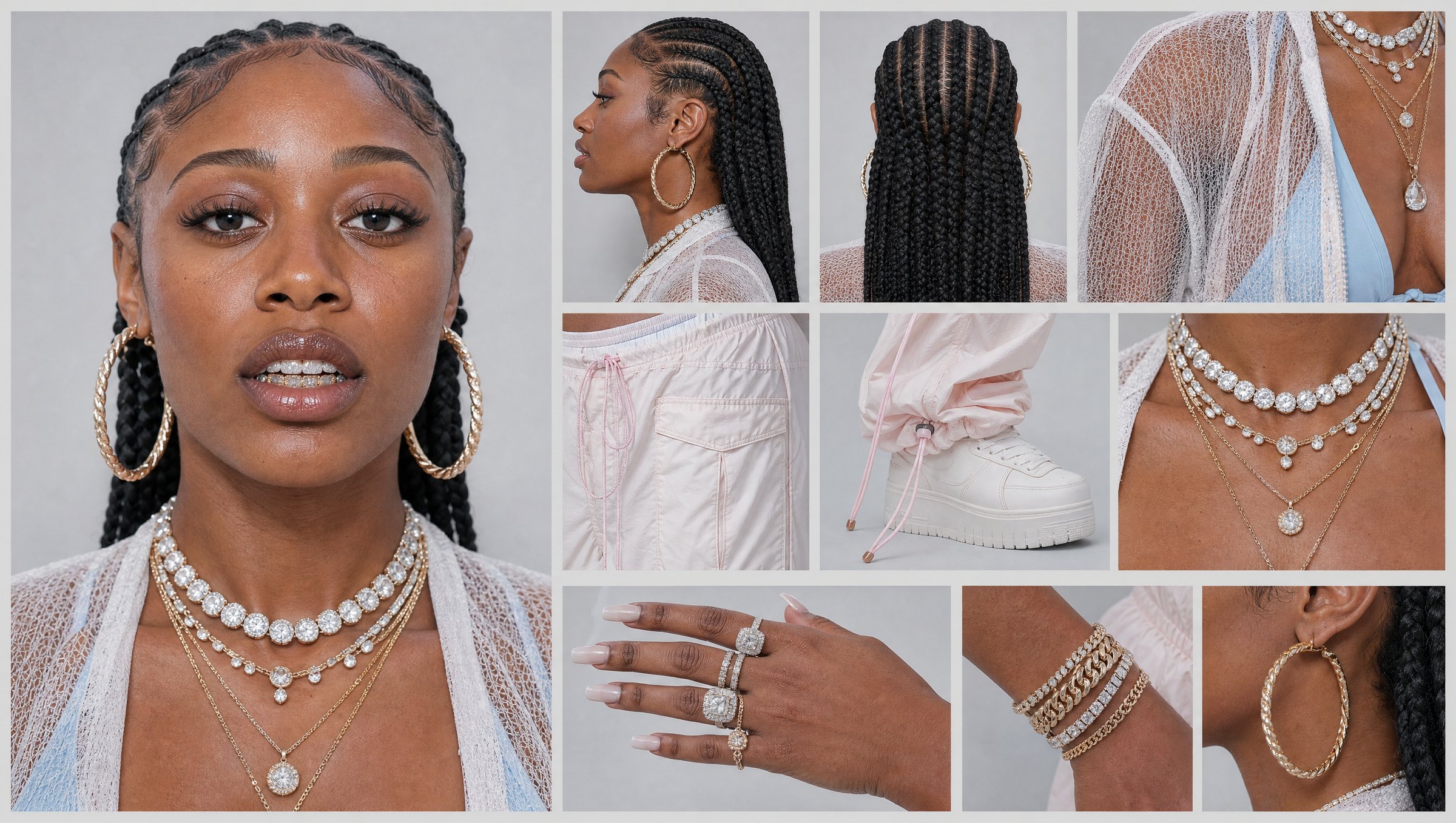 Naiko character sheet — face, hair, wardrobe and jewellery studies