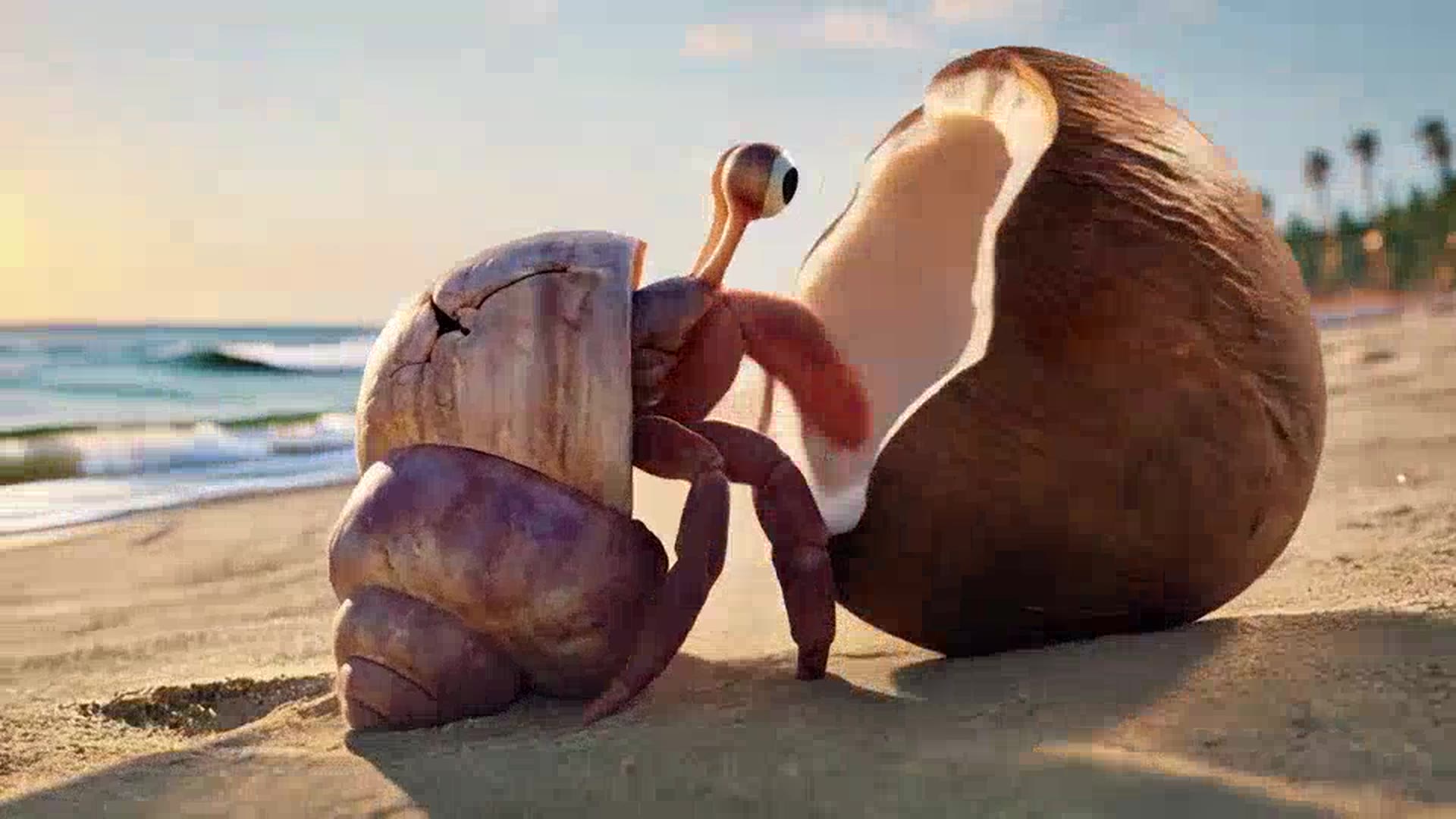 Crabby Day — hermit crab and coconut on the beach